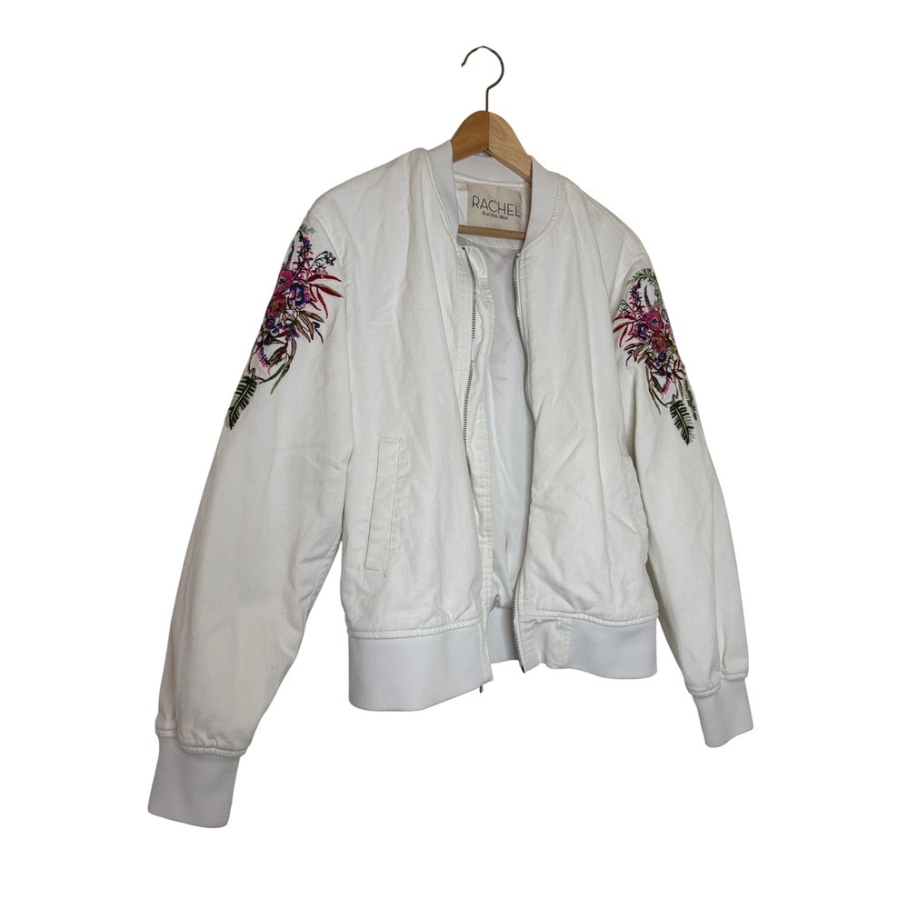 Rachel Roy White Denim Bomber Jacket Floral Embroidered Full Zip Size XL - Picture 2 of 8